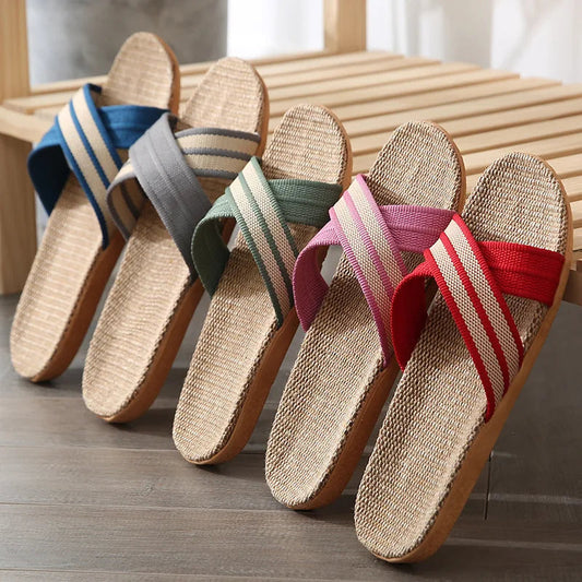 Hommes chaussures pantoufles lin maison intérieure bout ouvert chaussure plate plage pantoufles rayé épissé en caoutchouc sandales Zapatillas Hombre MAEJORKEN
