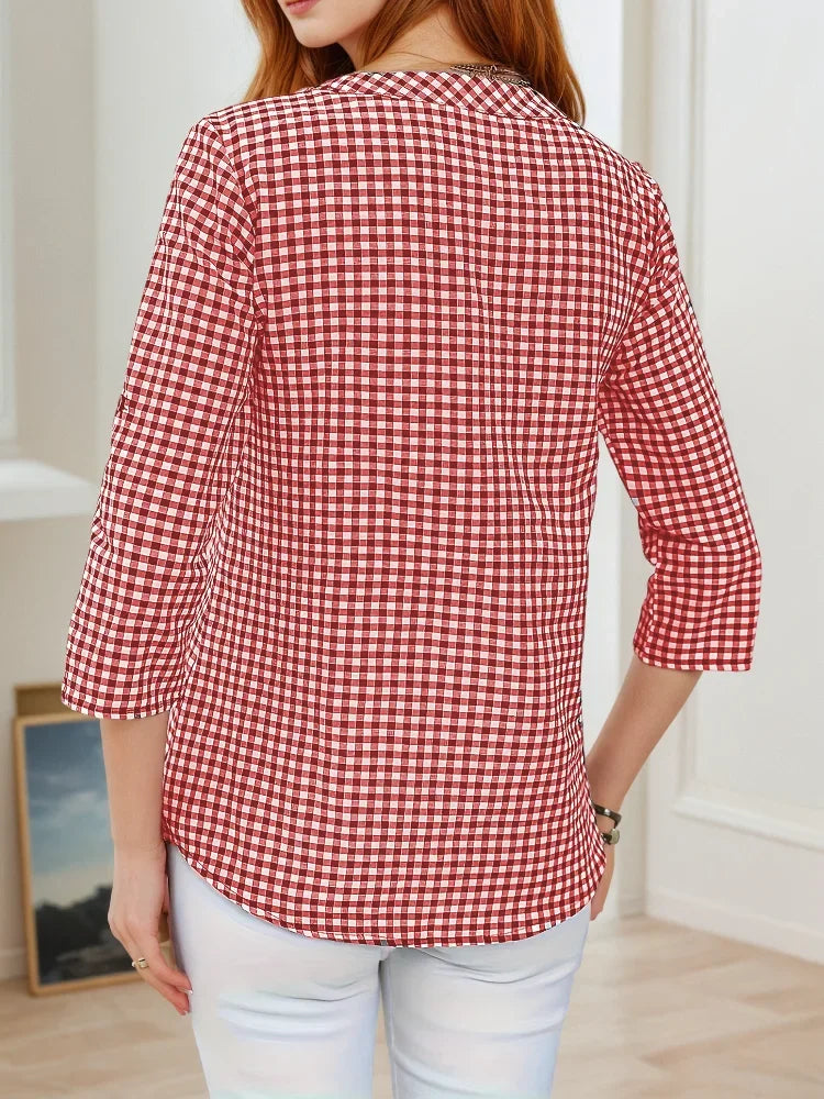 Grande taille printemps automne femmes Fine Plaid mode à manches longues col en v Blouse coupe ajustée tempérament haut ventre couvrant petites chemises MAEJORKEN