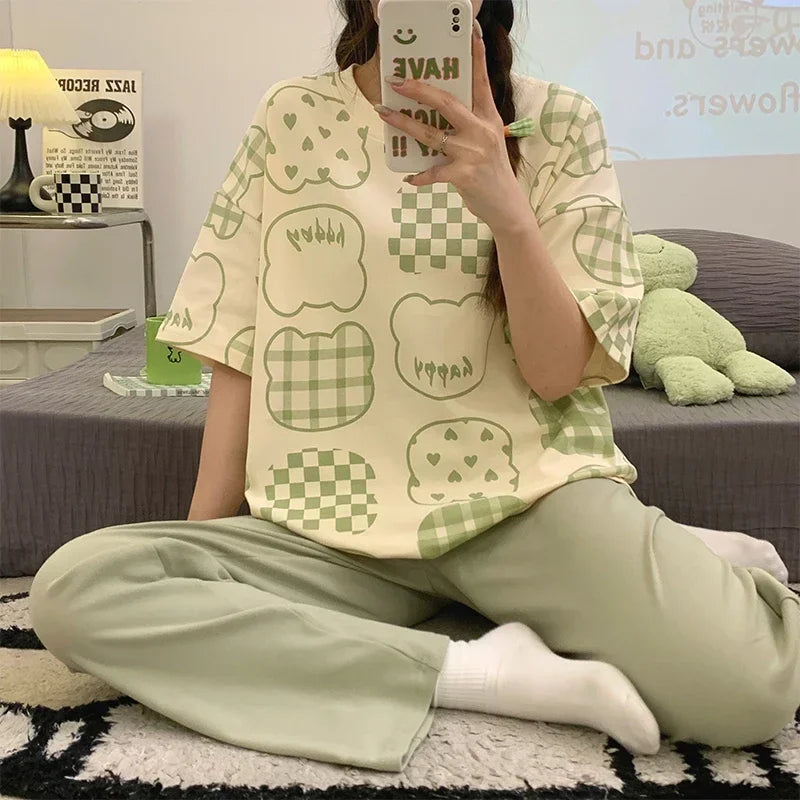 Pyjama doux en coton à manches courtes et pantalon imprimé du M au 3XL