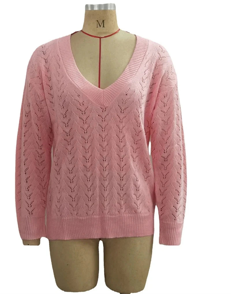 Pull à col en V profond pour femme, pull évidé, manches longues, document solide, chaud, élégant, femme, attrayant pour l'UE, automne, hiver, nouveau MAEJORKEN