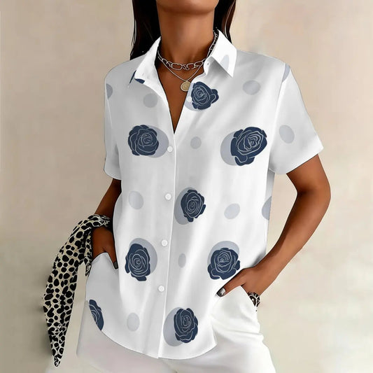 Chemise grande taille pour femme, style rétro français, motif à pois bleus et roses, pour l'été, design polyvalent, manches courtes, modèle de niche MAEJORKEN