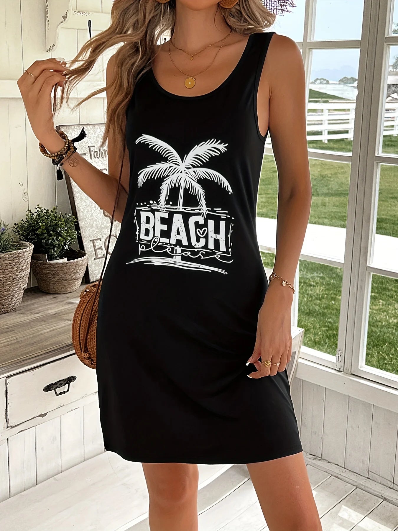 Robe d'été ample et confortable pour femmes, décontractée, motif soleil et lune imprimé, noir, gilet sans manches, jupe, style punk MAEJORKEN