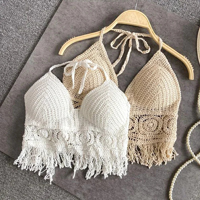Soutien gorges de maillot de bain de plage sexy pour femmes, dos nu, col licou, crochet, tricot,  glaçure creuse, pompon, haut précieux MAEJORKEN