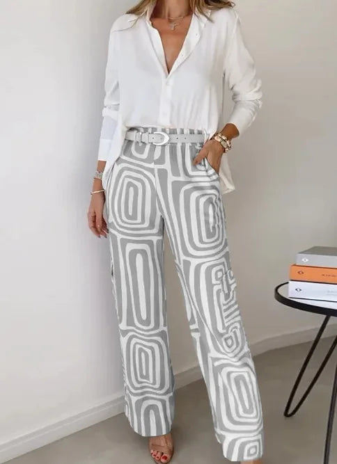 Ensemble élégant décontracté couleur unie taille élastique pantalon imprimé du S au 3XL