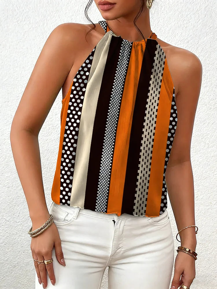 Débardeur pour femmes, printemps été, orange brun, rayé, à pois, col halter, sans manches, rétro chic, décontracté quotidien MAEJORKEN