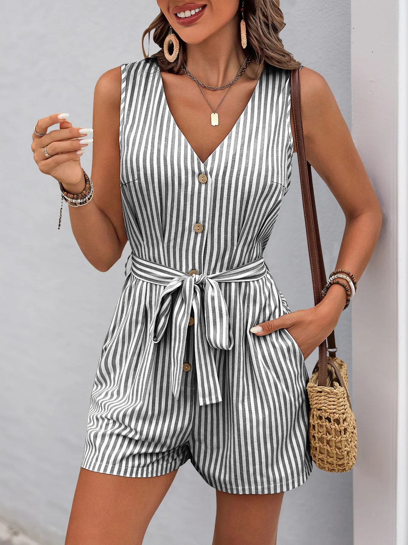 Barboteuse rayée sans manches pour femmes, col en v, ceinture à la taille, bouton sur le devant, pour tenue de station décontractée du S au XL MAEJORKEN
