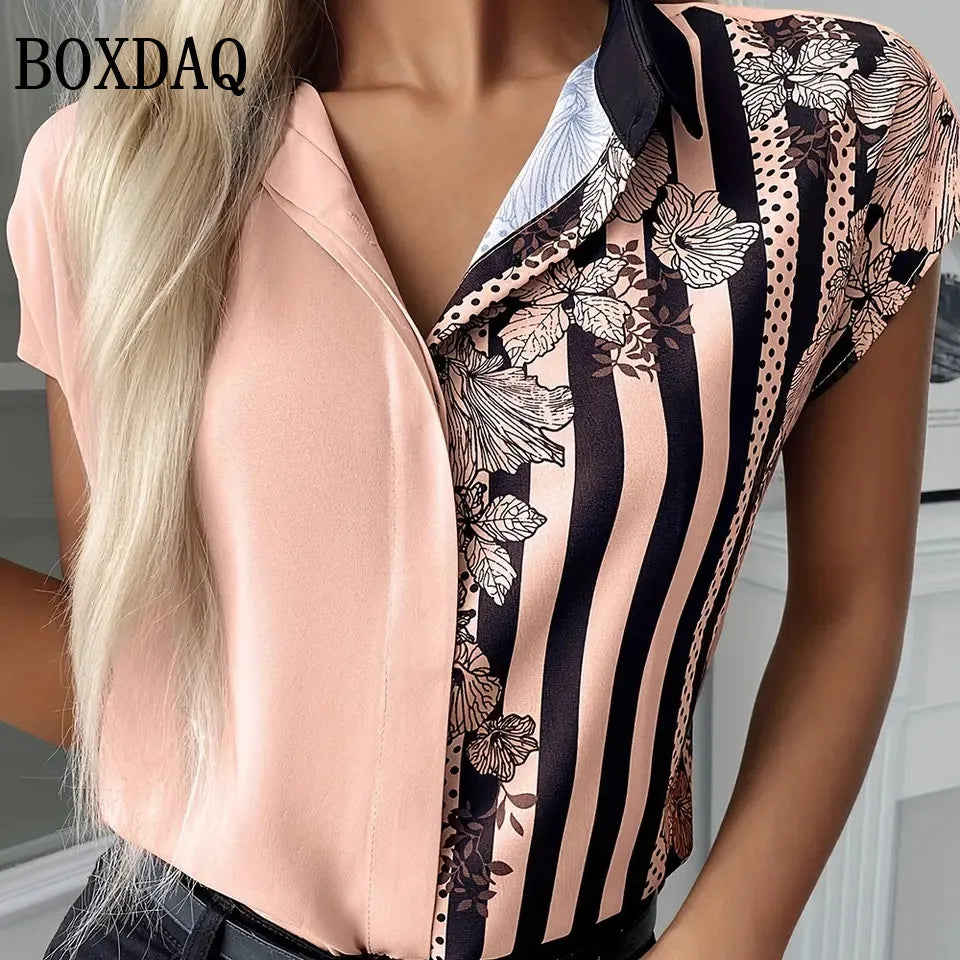 Femmes chemises simples mode rayé imprimé fleuri Blouse été plage revers décontracté hauts femmes grande taille bouton ample à manches courtes MAEJORKEN