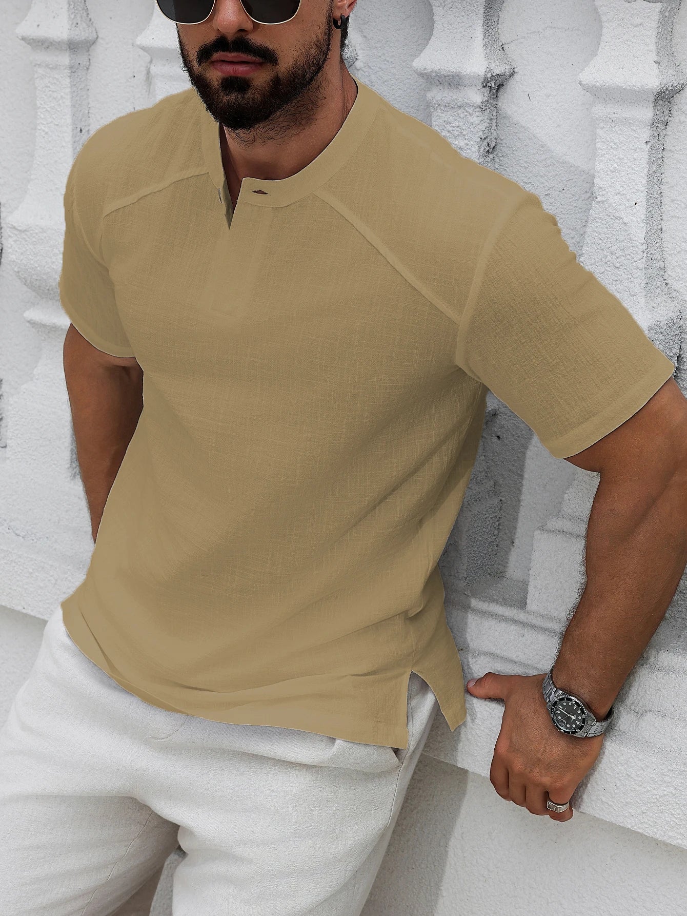 1 pièces hommes lin à manches courtes petit haut col rond pull décontracté couleur unie col Henry T-Shirt avec boutons mode Hippie MAEJORKEN