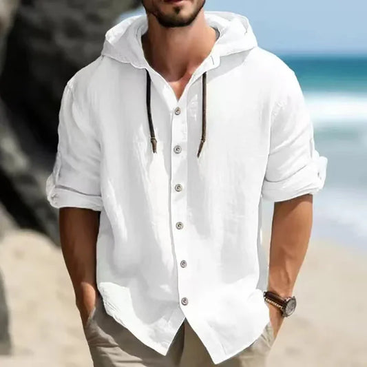 Chemise d'été en lin pour hommes à capuche manches longues du S au 3XL
