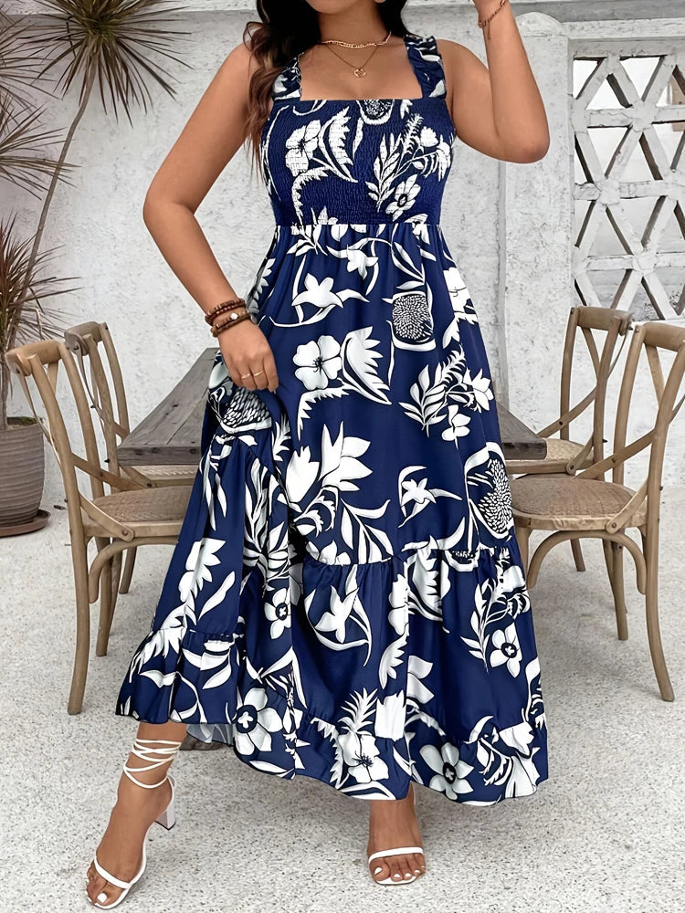 Grande taille 2025 été nouvelle robe florale de vacances licou avec ourlet à volants et buste froncé robe grande taille Polyester MAEJORKEN