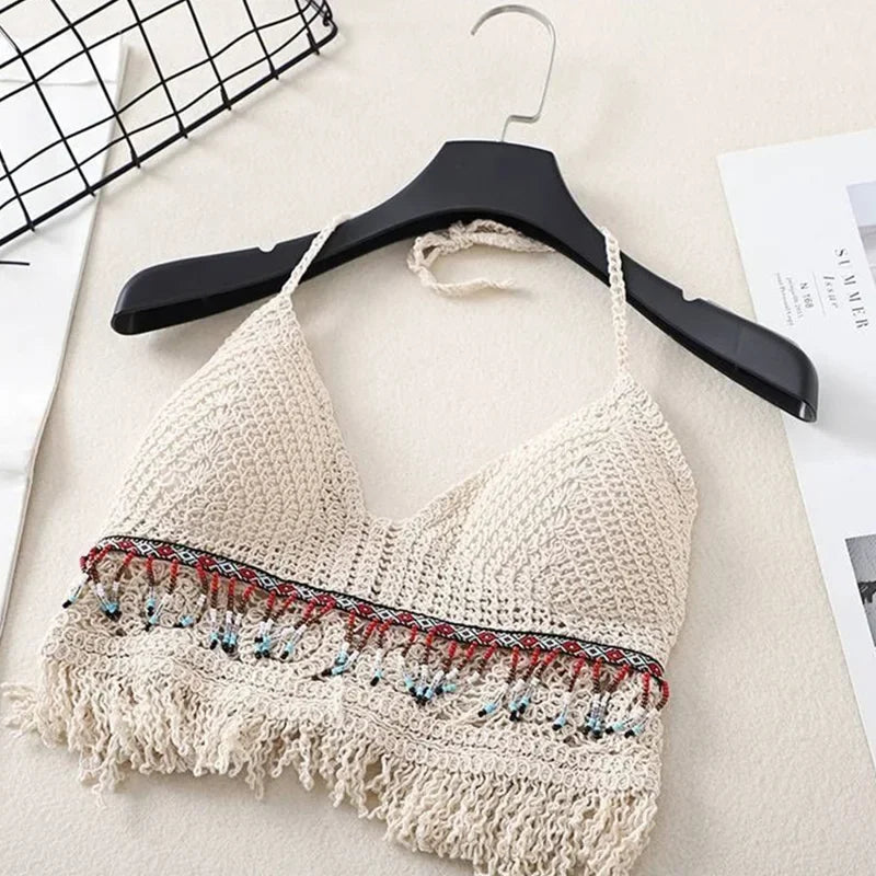 Soutien gorges de maillot de bain de plage sexy pour femmes, dos nu, col licou, crochet, tricot,  glaçure creuse, pompon, haut précieux MAEJORKEN