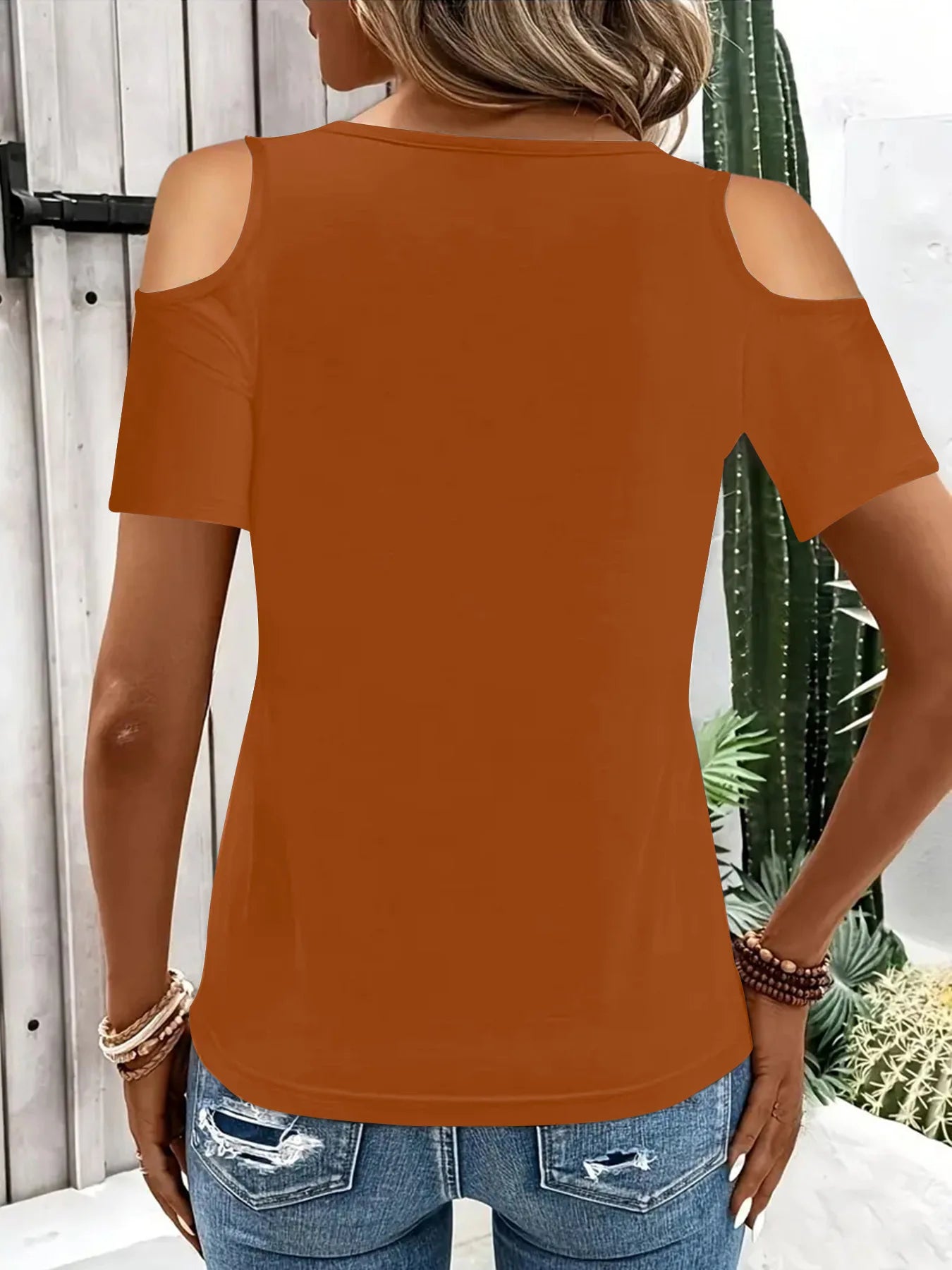 T-shirt à manches courtes décontracté épaules nues col en V couleurs unies du S au 2XL