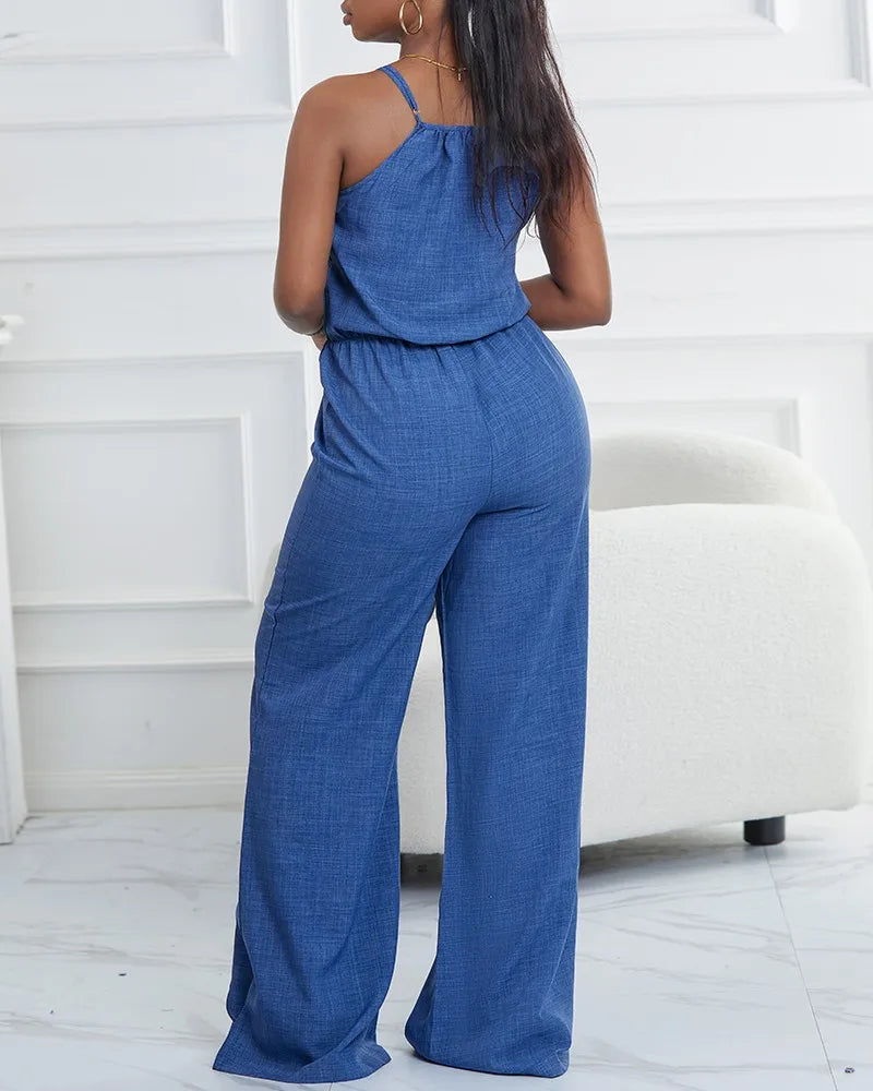 Combinaison décontractée bleue pour femmes, bretelles spaghetti, ceinture à nouer à la taille, idéale pour un usage quotidien, les sorties shopping et les moments de détente à la mode MAEJORKEN