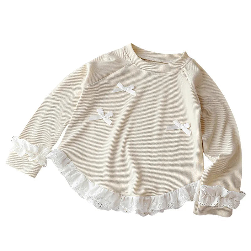 T-shirt à manches longues pour filles, avec nœud en dentelle, Style coréen, chemise inférieure de printemps pour enfants, nouvelle collection automne MAEJORKEN
