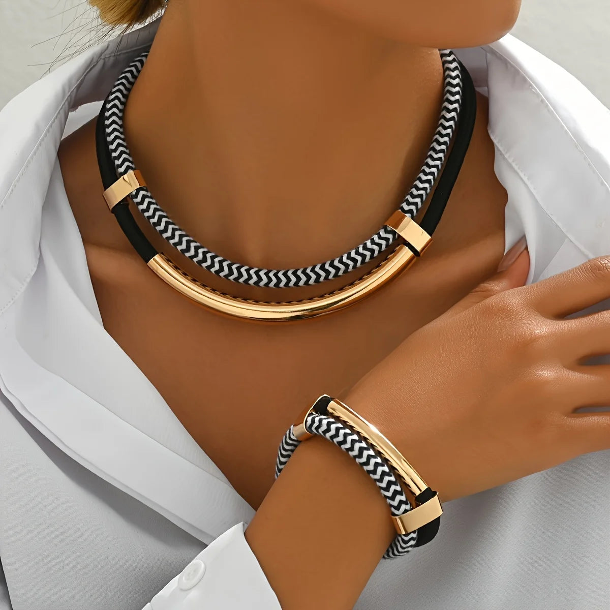 Ensemble de 2 pièces, nouvelle mode, noir et blanc, Double ligne épaisse, Tube métallique, collier et Bracelet de Style Hip-Hop exagéré, pour un usage quotidien MAEJORKEN