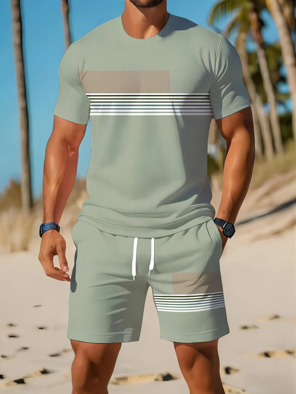 Nouvel Arrivage Été 2026 – Ensemble Décontracté Homme Deux Pièces : Chemise Rayée Imprimée 3D à Manches Courtes et Short de Sport – Ensemble de Fitness pour Homme MAEJORKEN