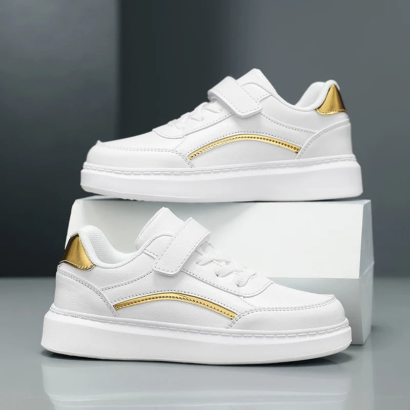 Baskets blanches en cuir PU pour enfants, chaussures de sport décontractées pour garçons, chaussures de Skate d'école de luxe, baskets de Tennis d'automne pour garçons MAEJORKEN