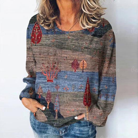 T-shirt à manches longues imprimé paysage naturel pour femmes, vêtements décontractés pour femmes, mode rétro, Y-03/adt MAEJORKEN