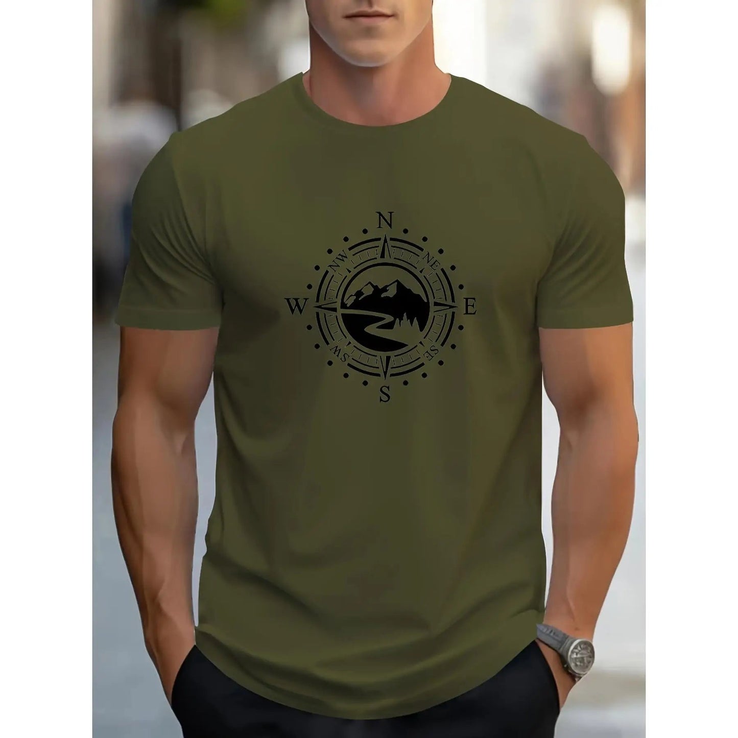 T-shirt manches courtes col rond pour hommes, décontracté, ample, grand motif de boussole imprimé, sport, confortable, été MAEJORKEN
