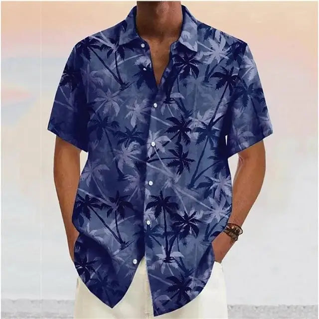 Chemises pour hommes 2023 Cocotier imprimé revers bouton chemise bleu hawaïen manches courtes créateur de mode décontracté doux 7 couleurs été MAEJORKEN