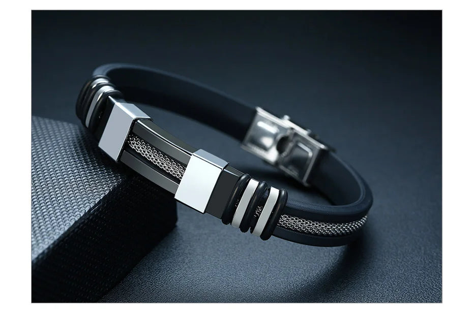 Vnox - Bracelet en acier inoxydable, bracelet pour homme, bracelet punk à maillons en silicone rainuré noir, bracelet punk élégant et décontracté MAEJORKEN