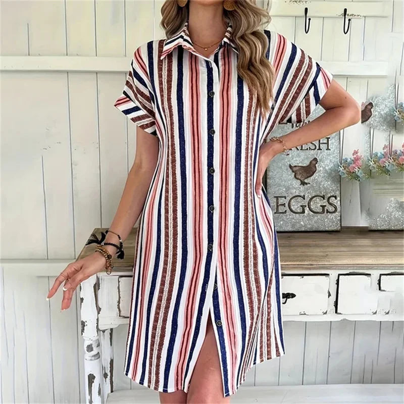 2025 nouvelle femme robe vêtements pour femmes été revers ample à manches courtes chemise bouton rayé robe plage fête femmes Mini robe MAEJORKEN