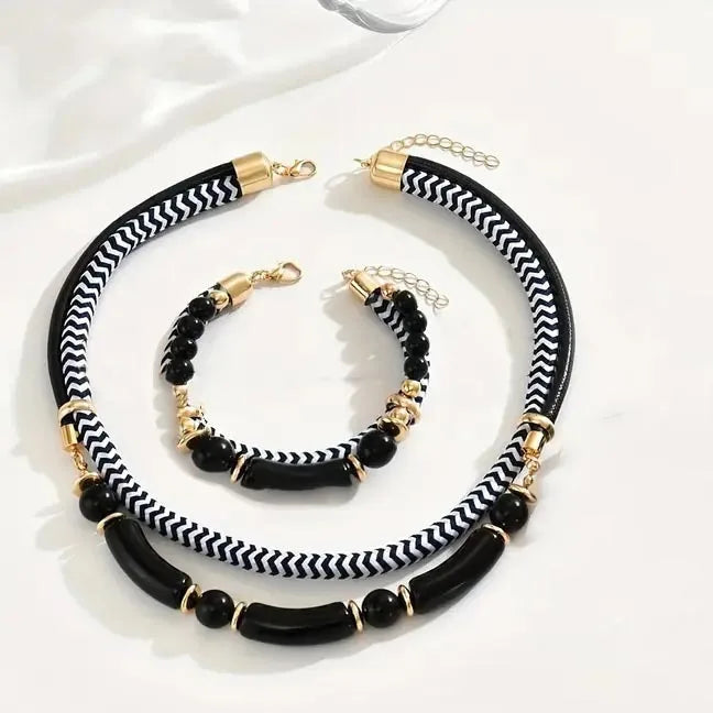 Ensemble de 2 pièces, nouvelle mode, noir et blanc, Double ligne épaisse, Tube métallique, collier et Bracelet de Style Hip-Hop exagéré, pour un usage quotidien MAEJORKEN