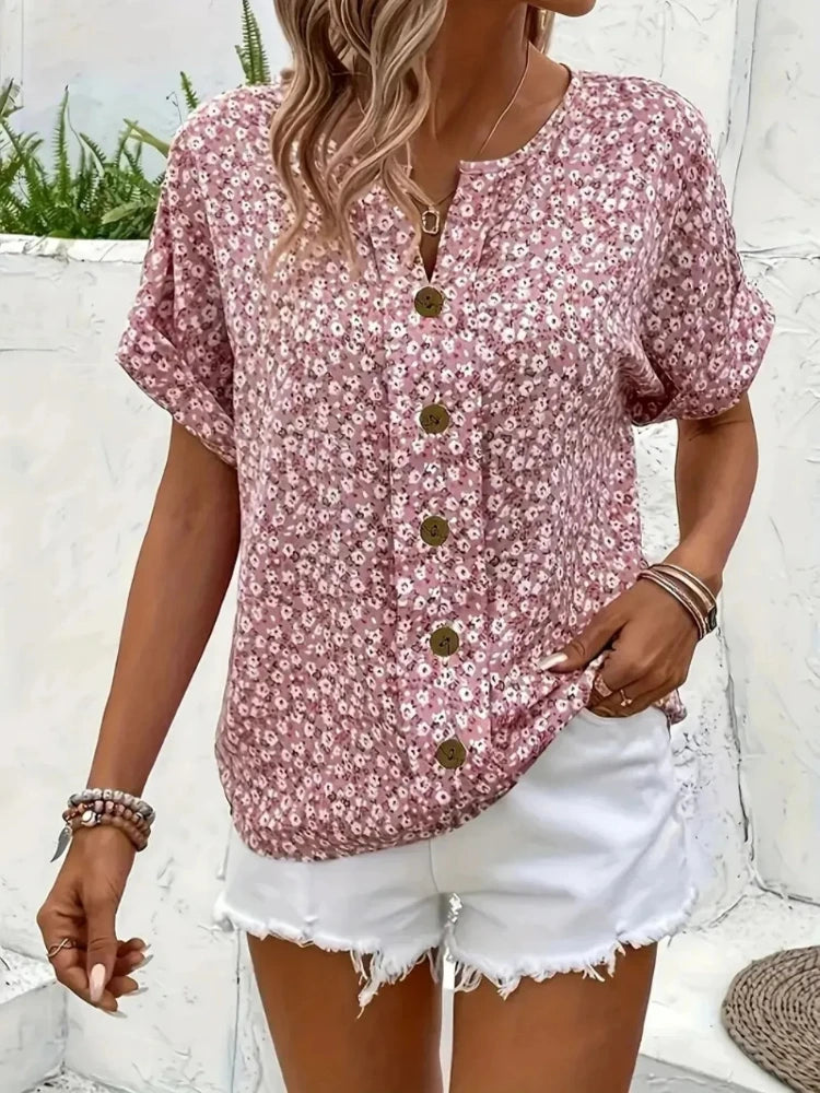 Chemises pour femmes grande taille 2025 printemps été nouvelle mode décontractée impression florale col en v manches courtes Blouses Style coréen vêtements MAEJORKEN