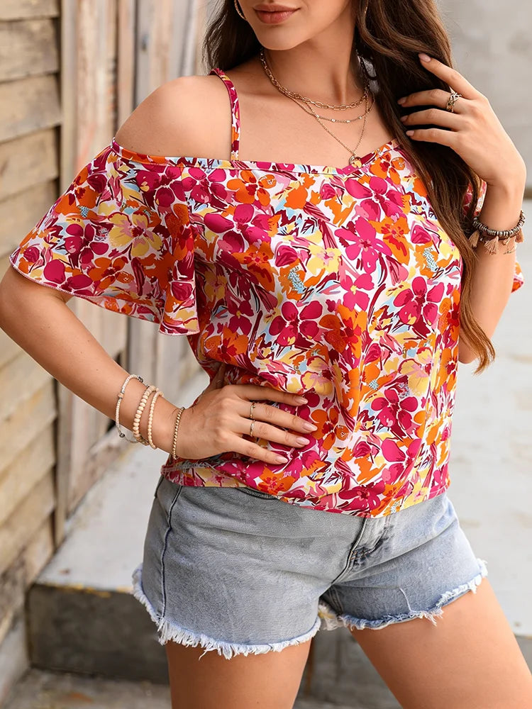 Haut Cami pour femme à imprimé floral, bretelles spaghetti, épaules dénudées, manches courtes, style bohème décontracté pour le printemps, l'été, la plage et les vacances MAEJORKEN