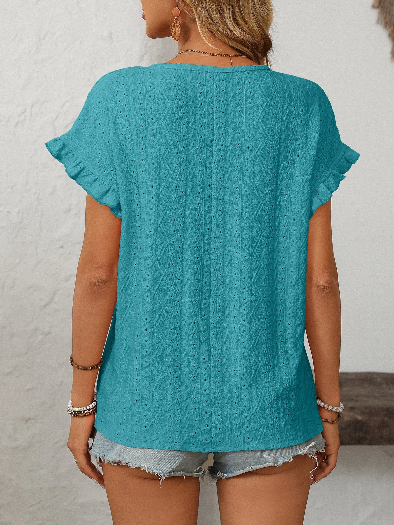 T-shirt à manches courtes et col rond pour femme, couleur unie, doux, ajouré du S au 2XL