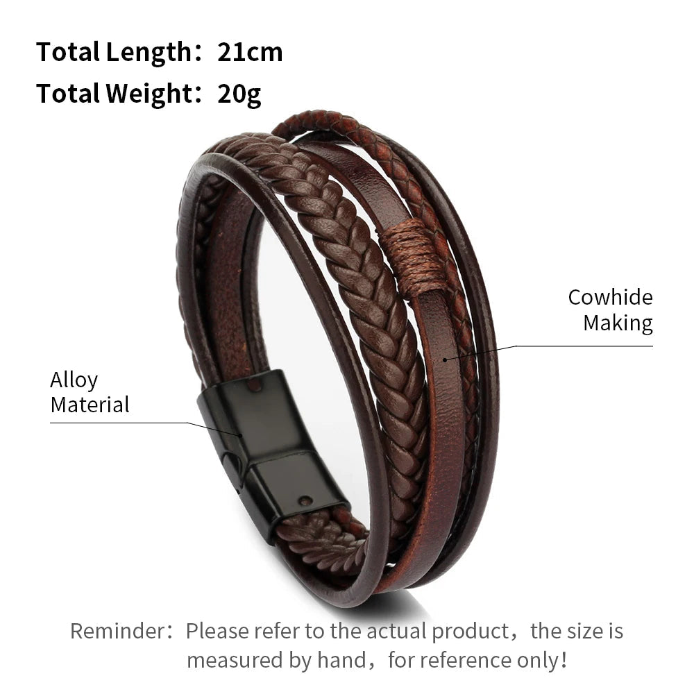 Bracelets en cuir tendance pour hommes, en acier inoxydable, corde tressée multicouche de 21CM, bijoux cadeaux MAEJORKEN
