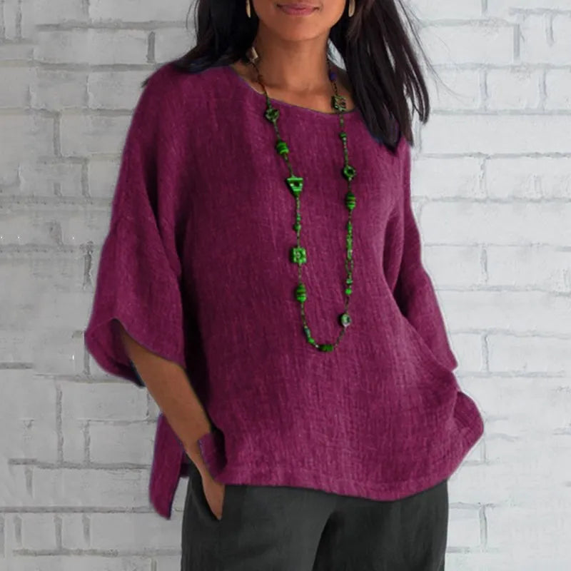 Chemisier en coton chemises d'été col rond trois quarts ample blouse décontractée hauts vêtements d'été pour les femmes Streetwear MAEJORKEN