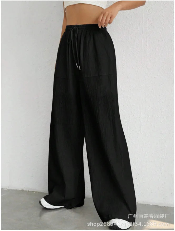 Pantalon décontracté à jambes larges couleur unie du S au XL