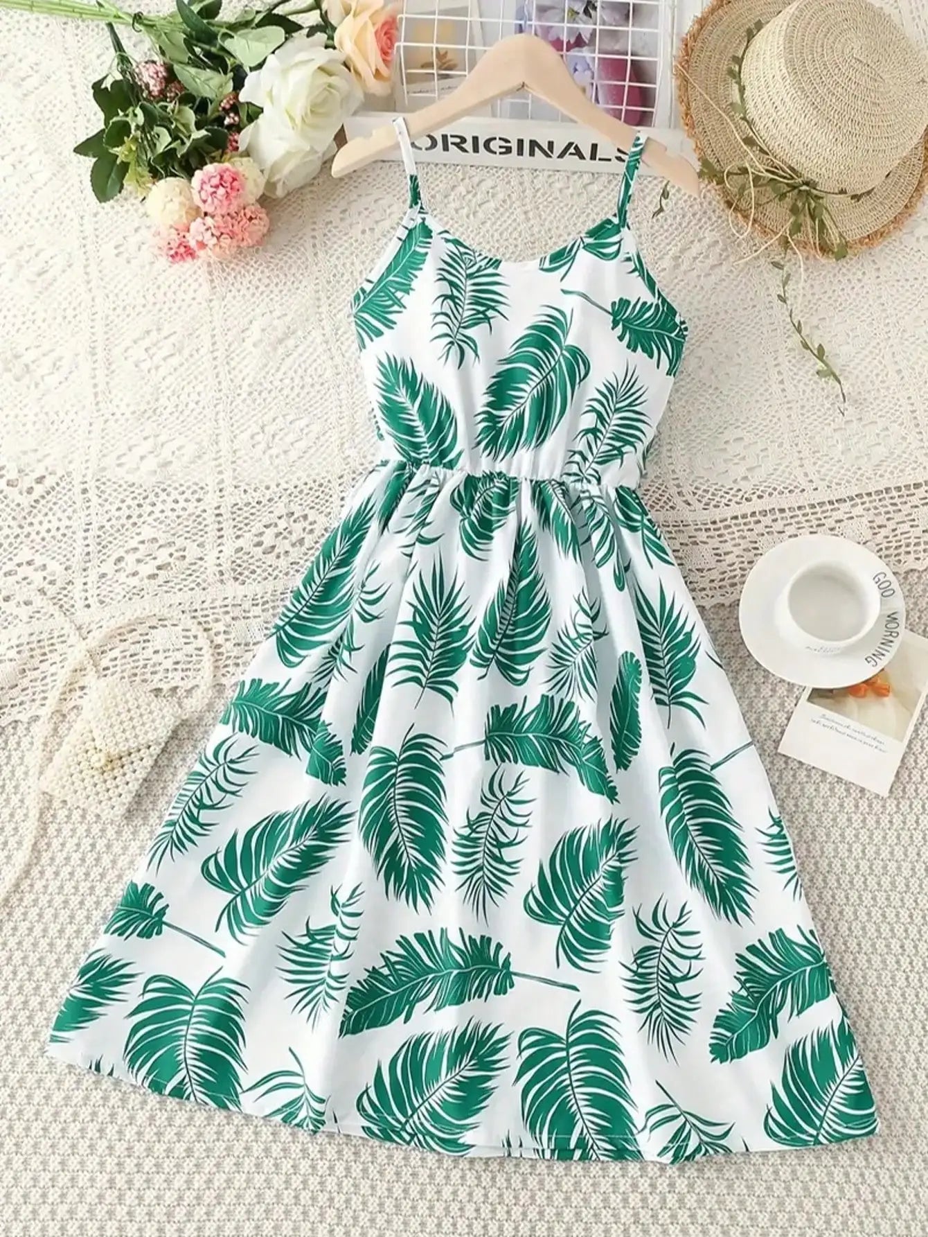 Combinaison d'été sans manches à imprimé feuilles pour fille - mélange de polyester extensible décontracté, design épaules dénudées, longueur genou, jupe de plage MAEJORKEN