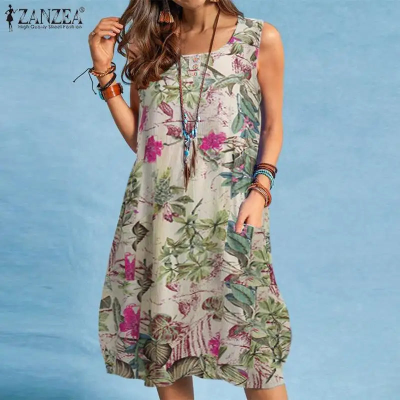 ZANZEA bohème Robe de plage été Vintage imprimé fleuri Robe d'été femmes sans manches genou longueur Robe vacances robes Sarafans MAEJORKEN