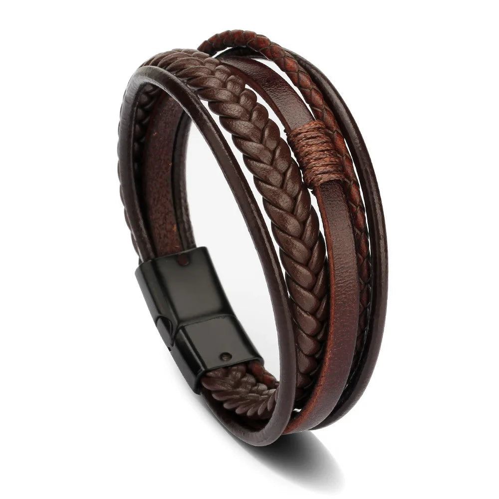 Bracelets en cuir tendance pour hommes, en acier inoxydable, corde tressée multicouche de 21CM, bijoux cadeaux MAEJORKEN