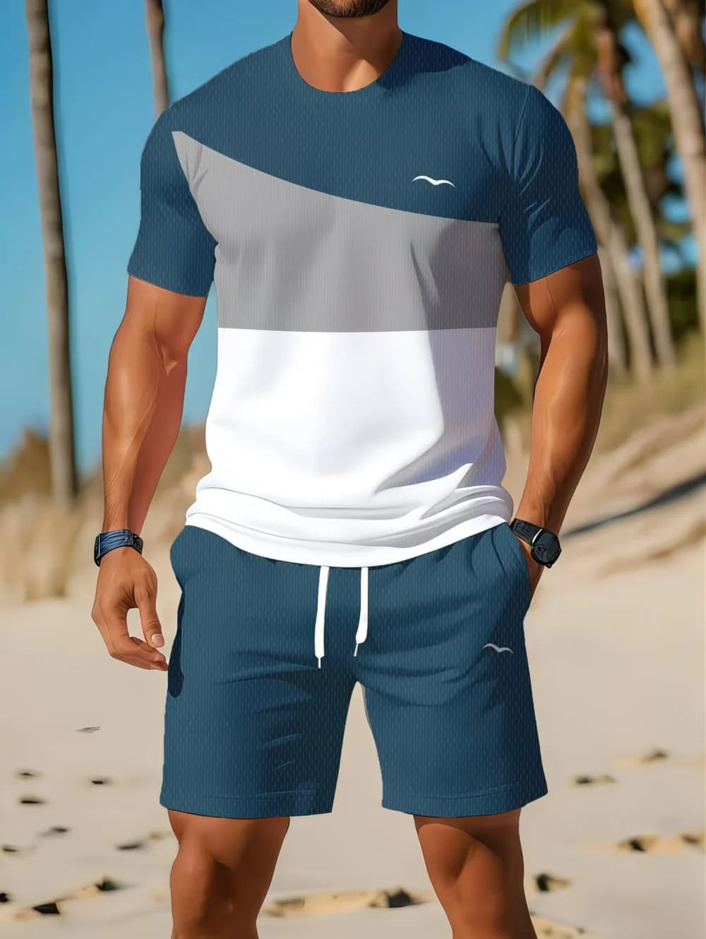 Nouvel Arrivage Été 2026 – Ensemble Décontracté Homme Deux Pièces : Chemise Rayée Imprimée 3D à Manches Courtes et Short de Sport – Ensemble de Fitness pour Homme MAEJORKEN