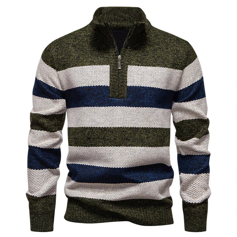 2025 automne hiver tricot pulls hommes Patchwork rayé mode col montant tirer sur tricoté pull homme épais chaud tricots MAEJORKEN