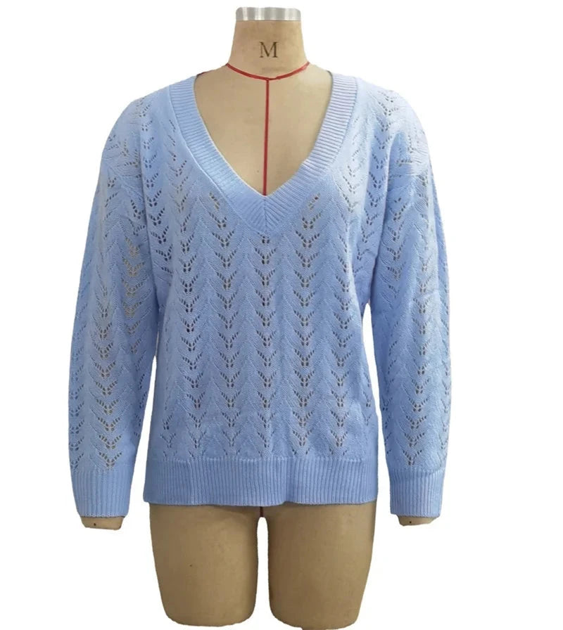 Pull à col en V profond pour femme, pull évidé, manches longues, document solide, chaud, élégant, femme, attrayant pour l'UE, automne, hiver, nouveau MAEJORKEN