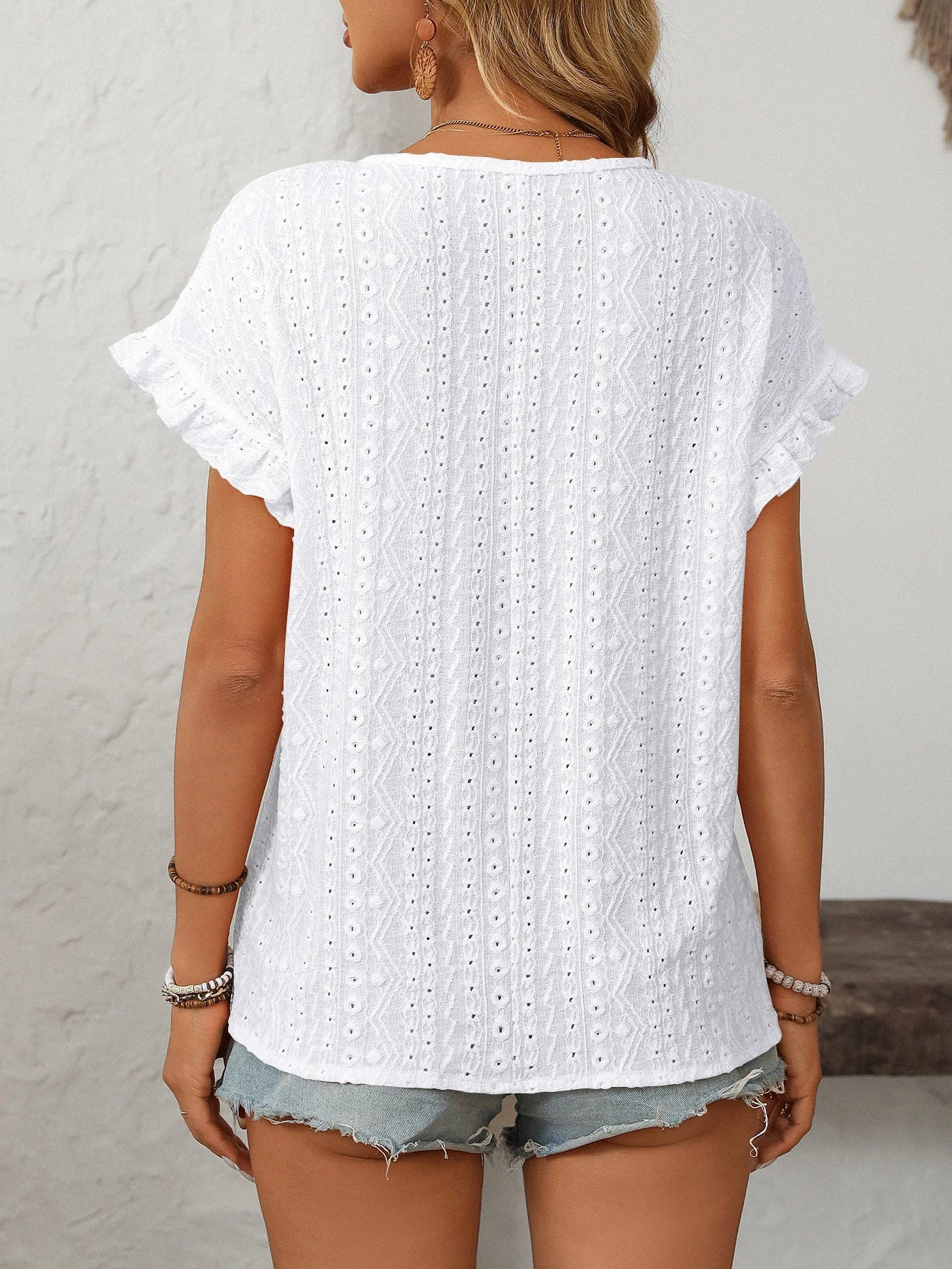 T-shirt à manches courtes et col rond pour femme, couleur unie, doux, ajouré du S au 2XL