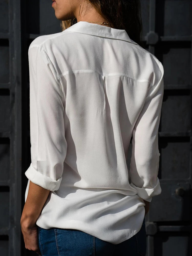 Chemisier élégant en mousseline de soie pour femmes, couleur unie, décontracté, manches longues, col en V, chemise ample, tunique de bureau, hauts surdimensionnés, printemps été, 2024 MAEJORKEN