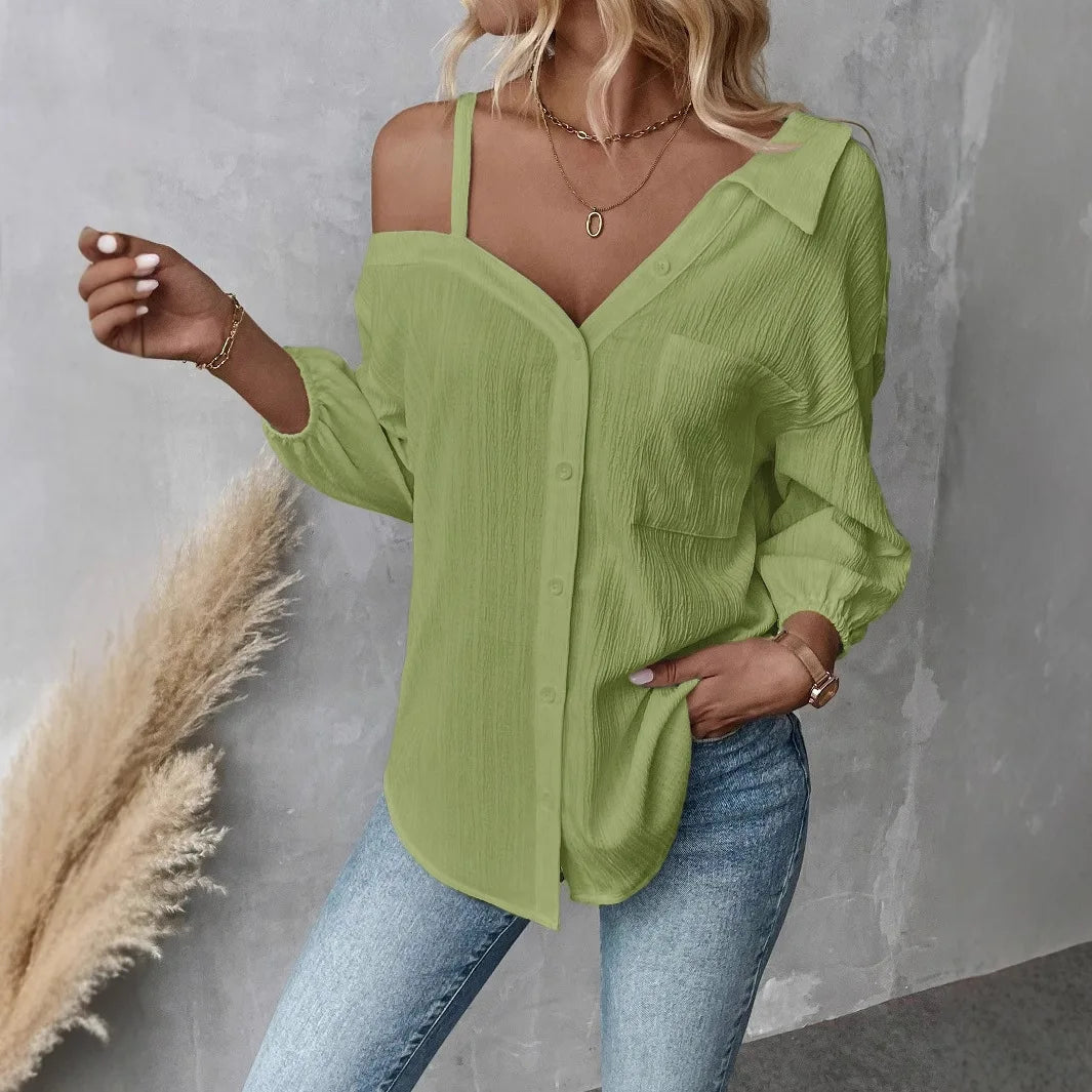 Chemise élégante pour femmes, épaules dénudées, trois quarts, chemisier sexy, décontracté, boutons unis, chemise ample, hauts de bureau pour femmes, streetwear, tuniques du S au XL MAEJORKEN