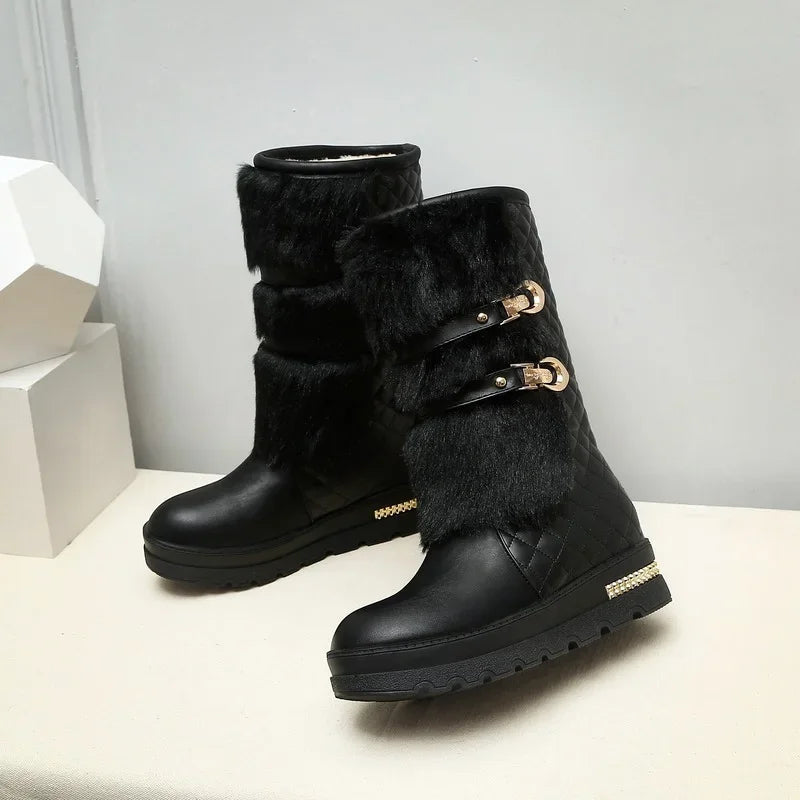 Bottes de neige à fond plat pour femmes, bottes en laine à tube moyen suréWer, chaussures en coton avec grande ceinture, bottes en velours pour femmes, hiver MAEJORKEN