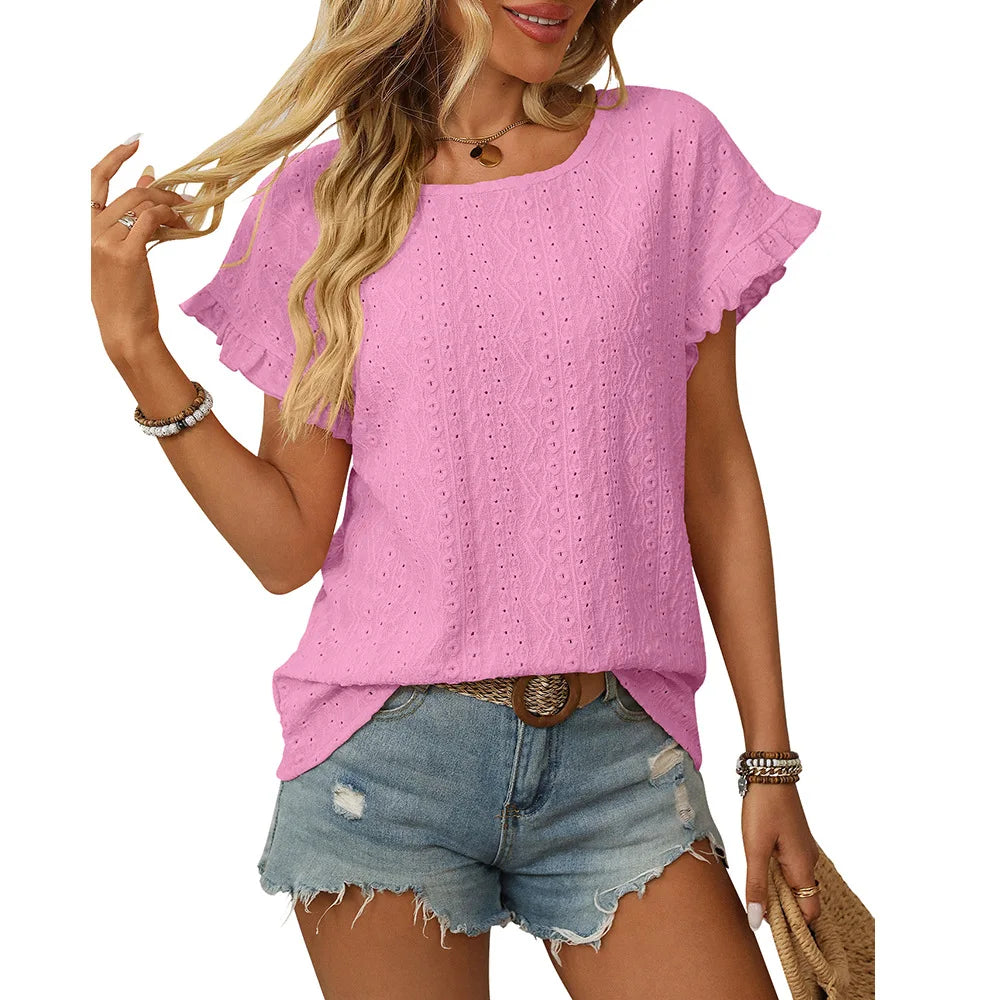 T-shirt à manches courtes et col rond pour femme, couleur unie, doux, ajouré du S au 2XL