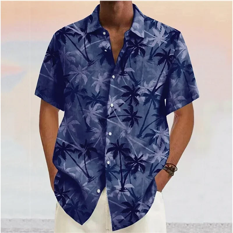 Chemises pour hommes 2023 Cocotier imprimé revers bouton chemise bleu hawaïen manches courtes créateur de mode décontracté doux 7 couleurs été MAEJORKEN