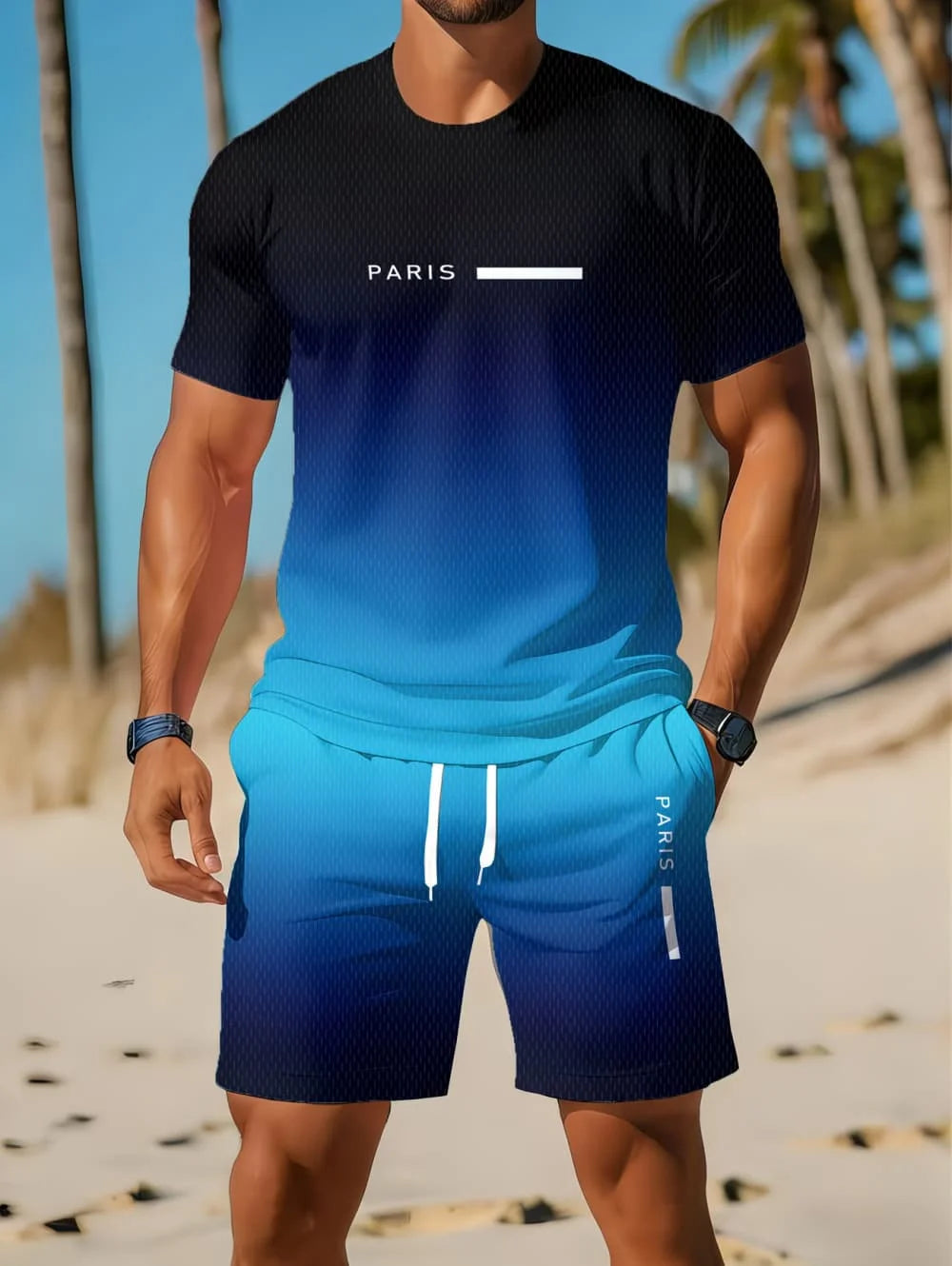 Nouvel Arrivage Été 2026 – Ensemble Décontracté Homme Deux Pièces : Chemise Rayée Imprimée 3D à Manches Courtes et Short de Sport – Ensemble de Fitness pour Homme MAEJORKEN