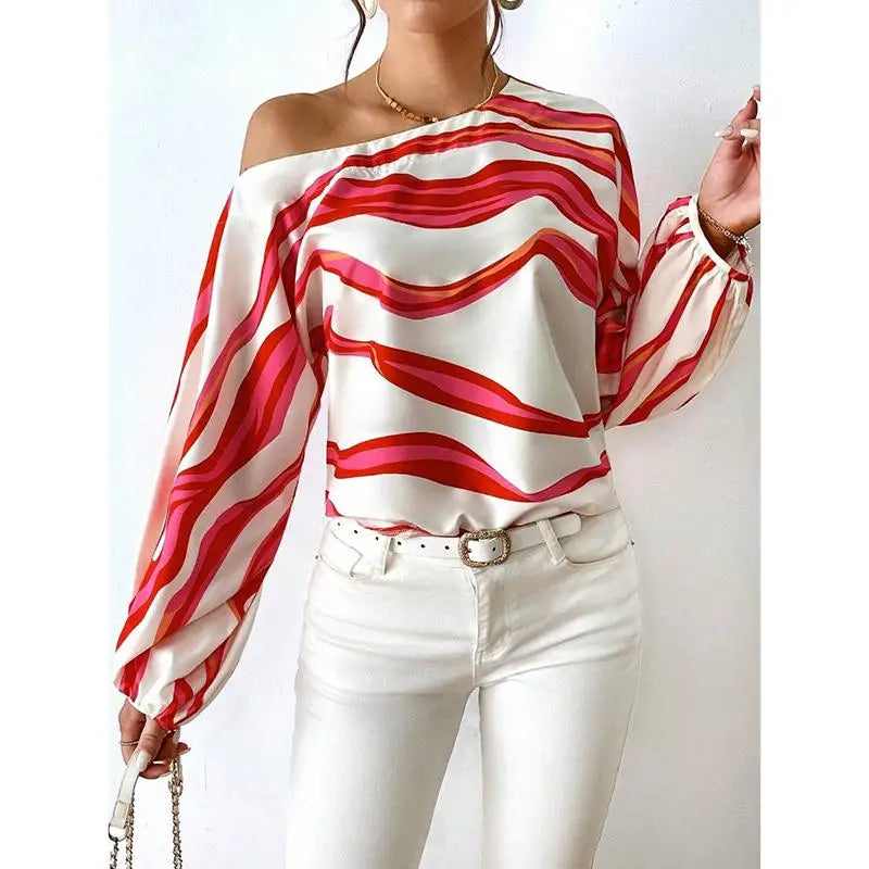 Mode à manches longues Sexy épaules nues chemises femmes Slash cou imprimé Blouses décontractées en vrac femmes élégant Simple dame chemise hauts MAEJORKEN