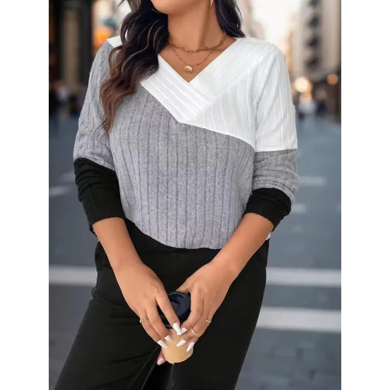 Pull à manches longues et col en V pour femme, grande taille, mode automne, Colorblock, décontracté, quotidien MAEJORKEN