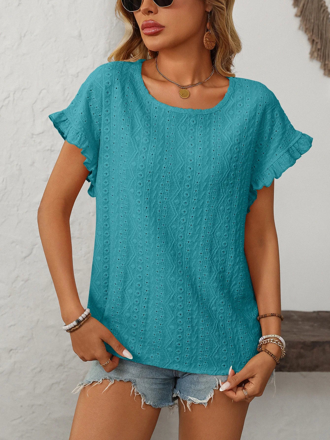 T-shirt à manches courtes et col rond pour femme, couleur unie, doux, ajouré du S au 2XL