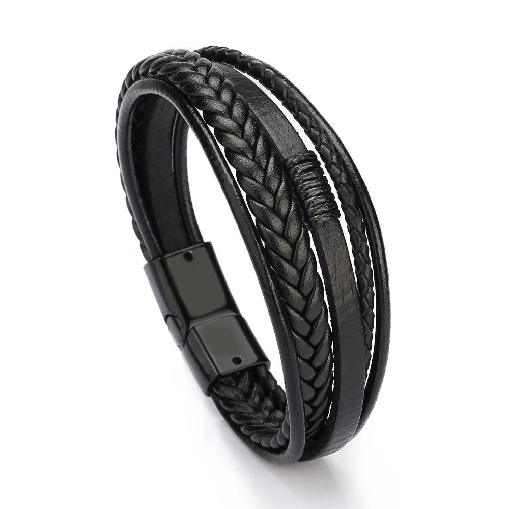 Bracelets en cuir tendance pour hommes, en acier inoxydable, corde tressée multicouche de 21CM, bijoux cadeaux MAEJORKEN
